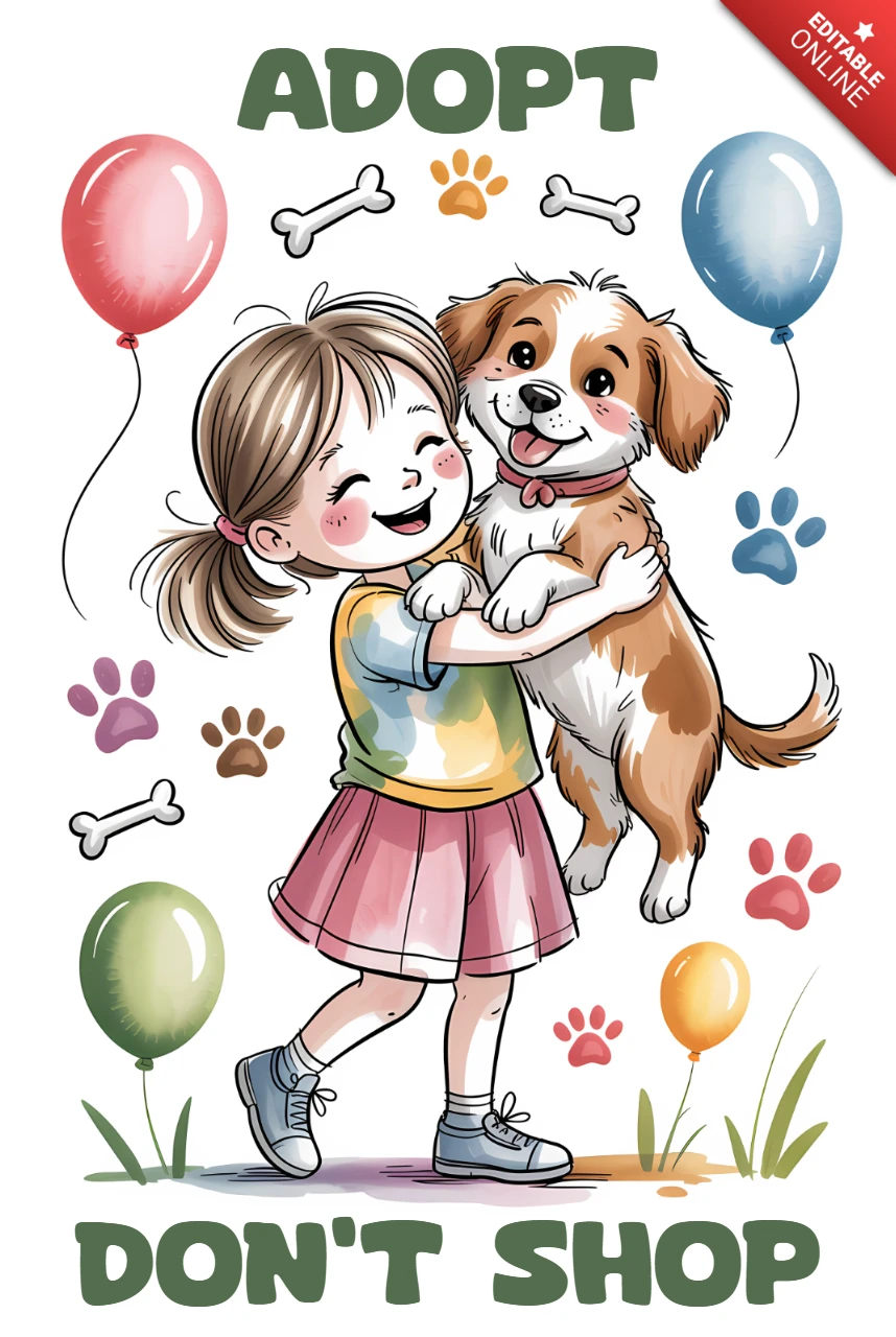 Plantilla de diseño de perro caprichoso "adopta, no compres" para carteles con niños y globos.