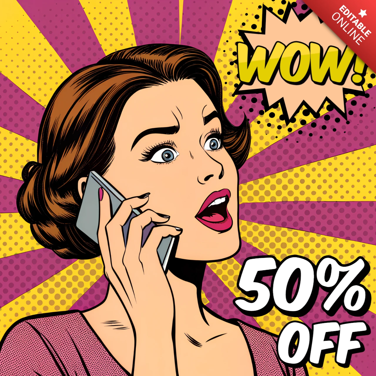 Modelo de anúncio de venda de pop art para cartazes com mulher animada ao telefone