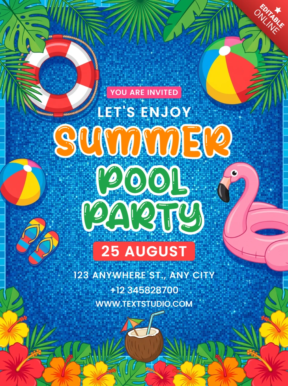 Colorful summer pool party invitation flyer with flamingo float and tropical flowers