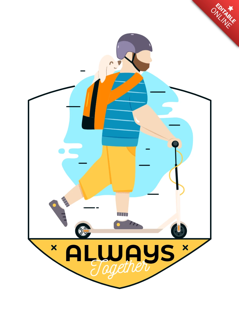 Diseño de plantilla de insignia de hombre con perro en scooter