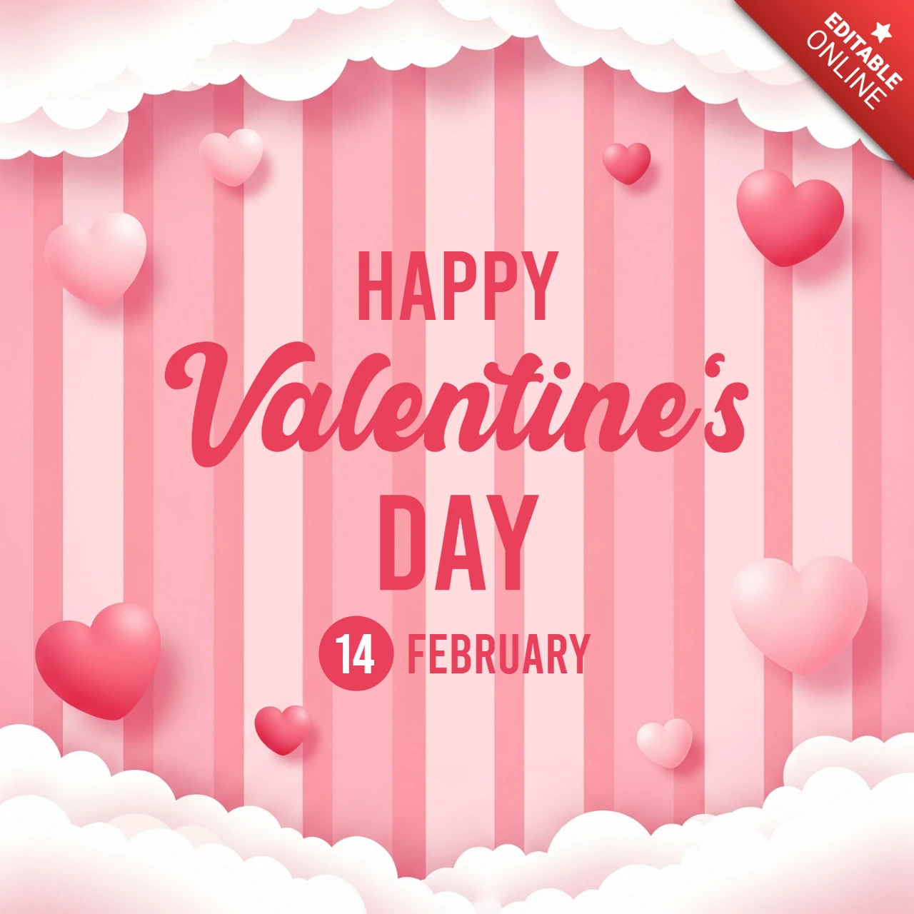 Valentine’s Greeting Card Romantic Cloud Border with Heart Confetti and Celebration Message