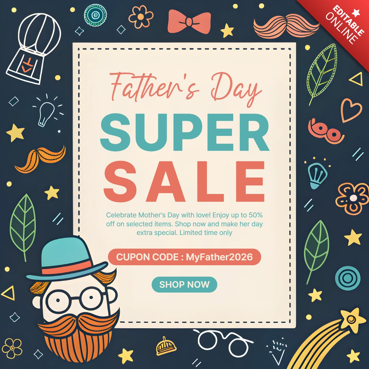 Plantilla de diseño de superoferta del Día del Padre: estilo gráfico divertido y lúdico