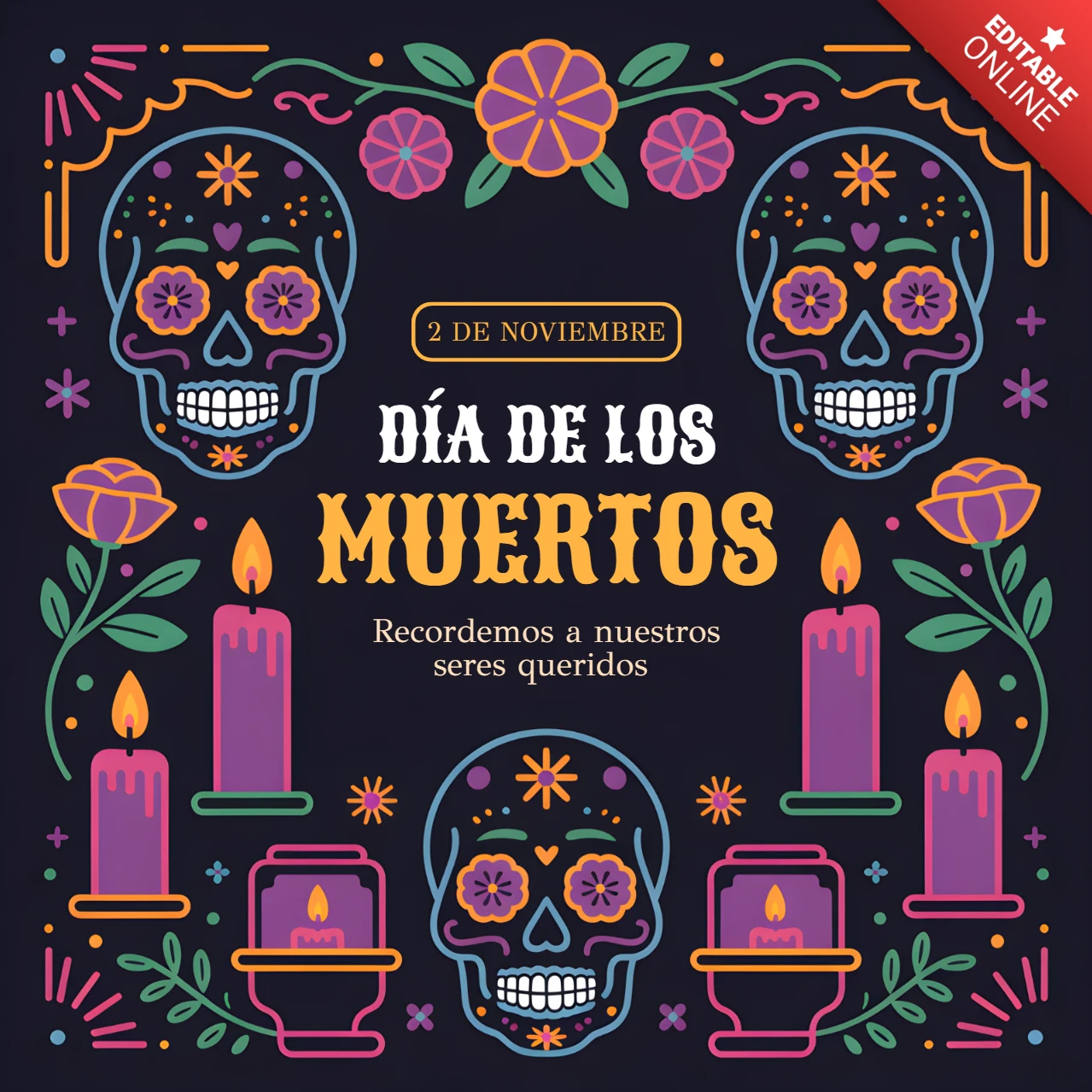 Template de design colorido para o dia de los muertos para pôsteres e mercadorias.