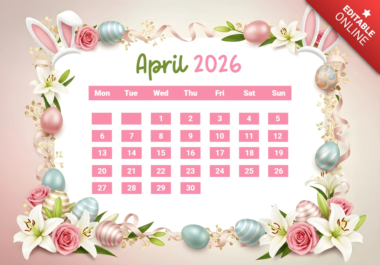 Affiche du calendrier d'avril 2026 — oreilles de lapin de Pâques, œufs peints, roses, lys, décorations printanières pastel