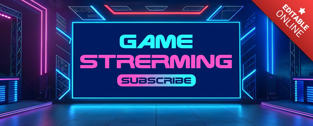 Neon-Spiel-Streaming-Abonnieren-Button-Banner-Vorlage mit Synthwave-Design