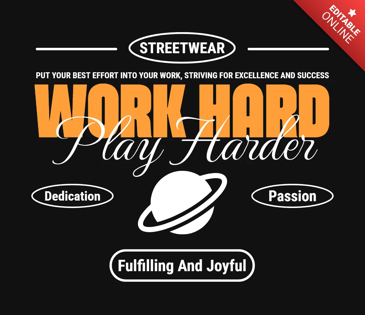 Effort & Elevation Saturn Icon Graphic with Passion-Packed Hustle Quote T-Shirt Design Template