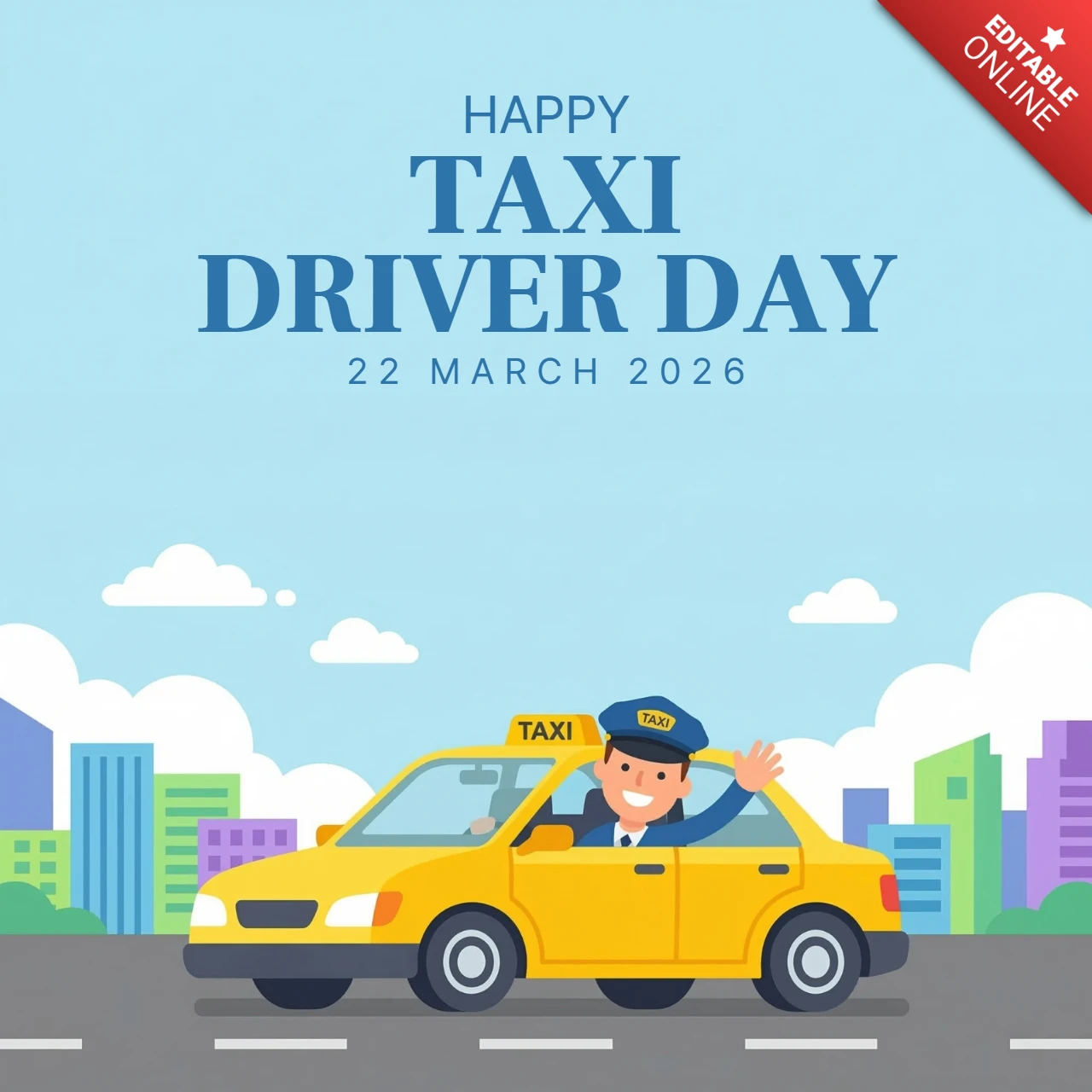 Dia do motorista de táxi 2026 ilustração decorativa de motorista de desenho animado com táxi amarelo clássico para conscientização e celebração