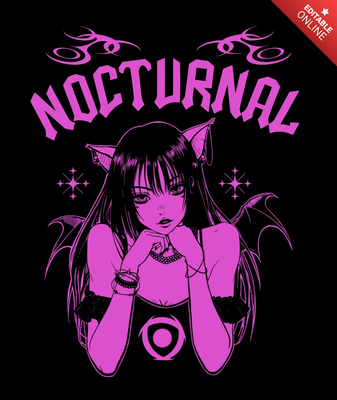 Nocturnal Charmer Bat-Winged Anime Cat Girl in Pink Cosmic T-Shirt Design Template