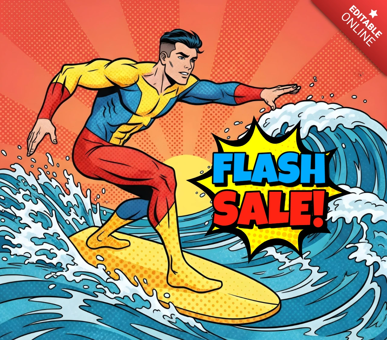 Comic-Stil Blitzverkaufs-Surfheld mit Sonnenstrahlen- und Wellenbewegungsdesign-Vorlage für Werbeflyer