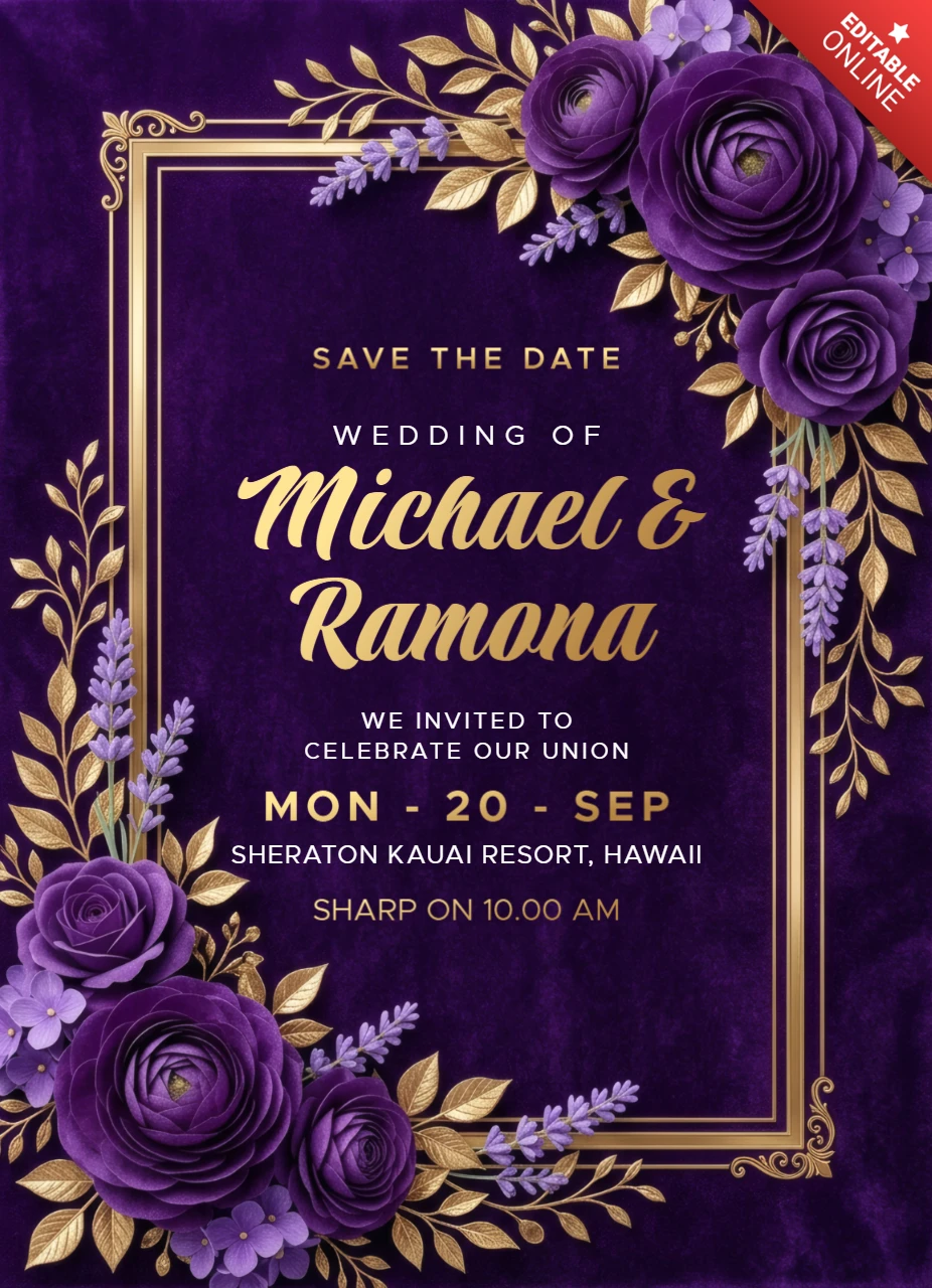 Luxury Purple and Gold Wedding Invitation Card Template with Elegant Floral Frame Design