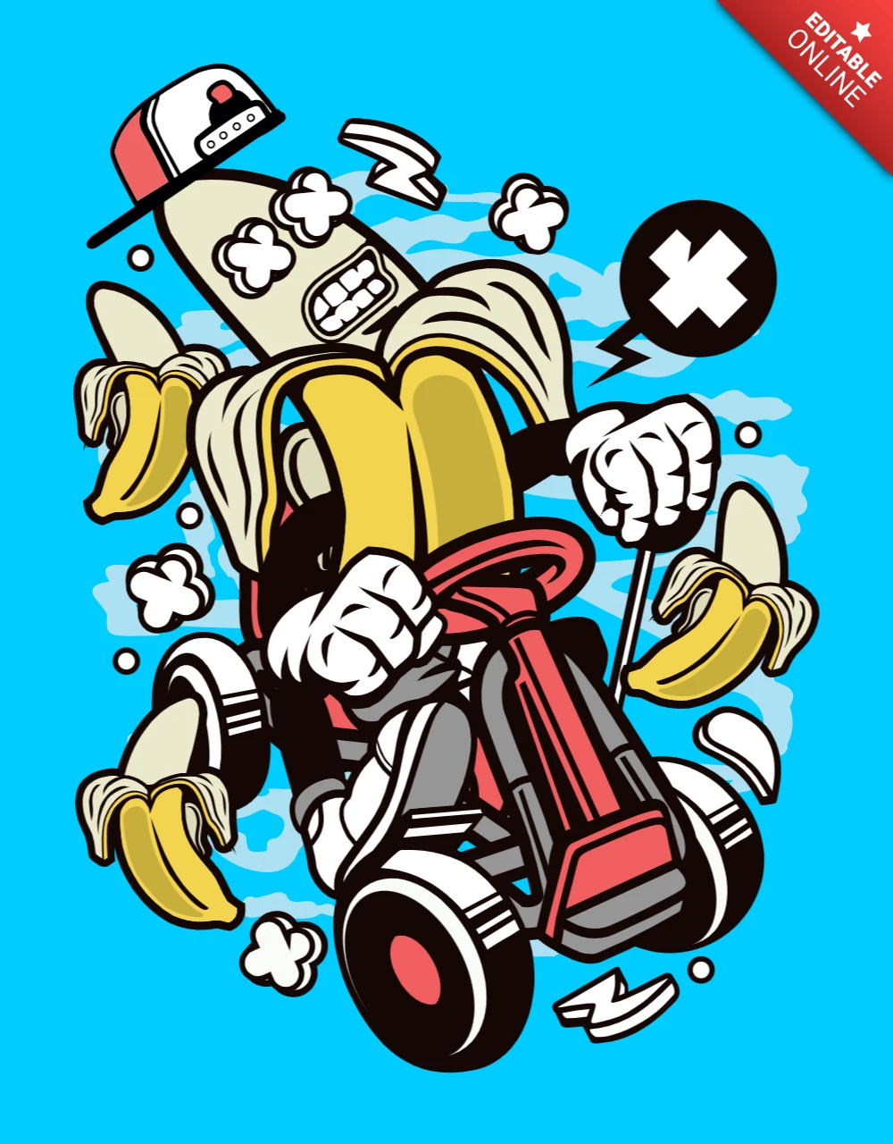 Banana karting ruiter stripfiguur t-shirt ontwerpsjabloon
