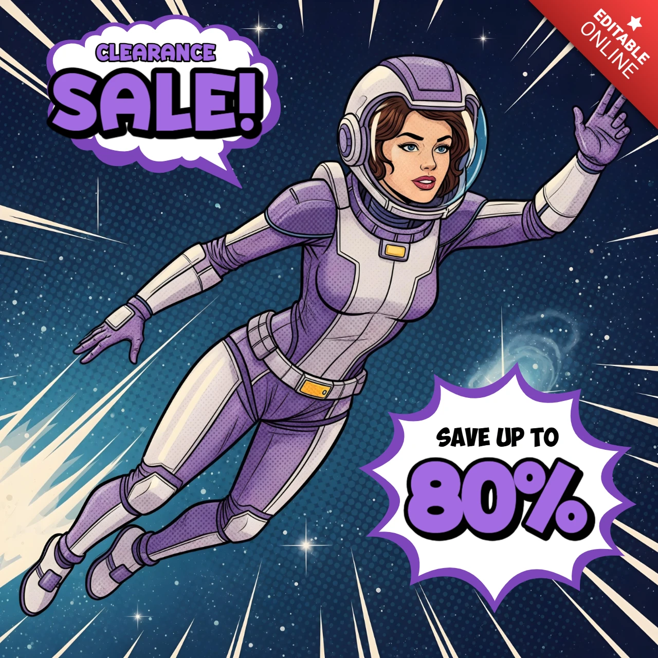 Frau Astronautin Verkauf Comic-Stil Weltraumszene mit lila Anzug Burst-Design-Vorlage für Werbeflyer