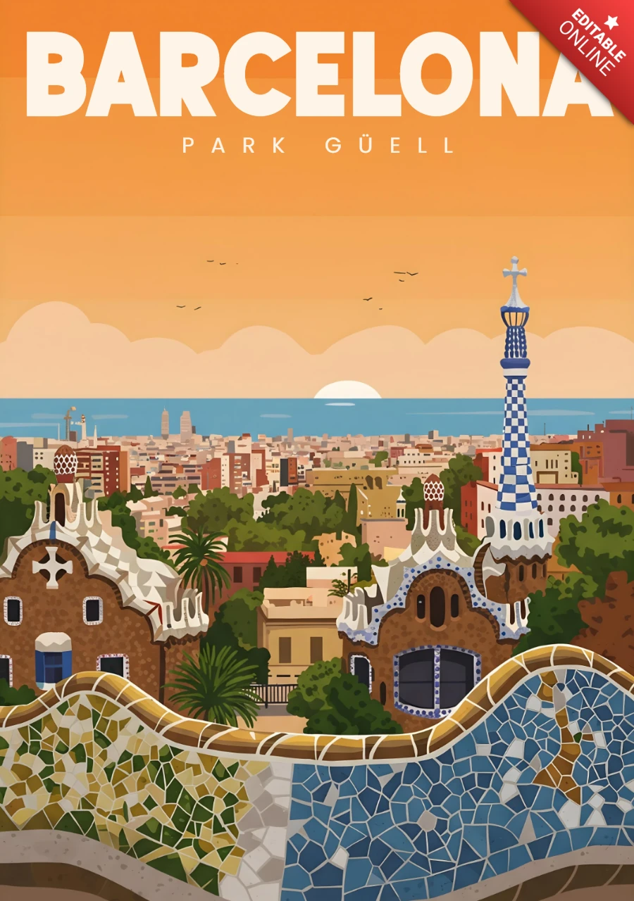 Park Güell Mosaic Bench with Sunset City View Barcelona Travel Posters Design Template