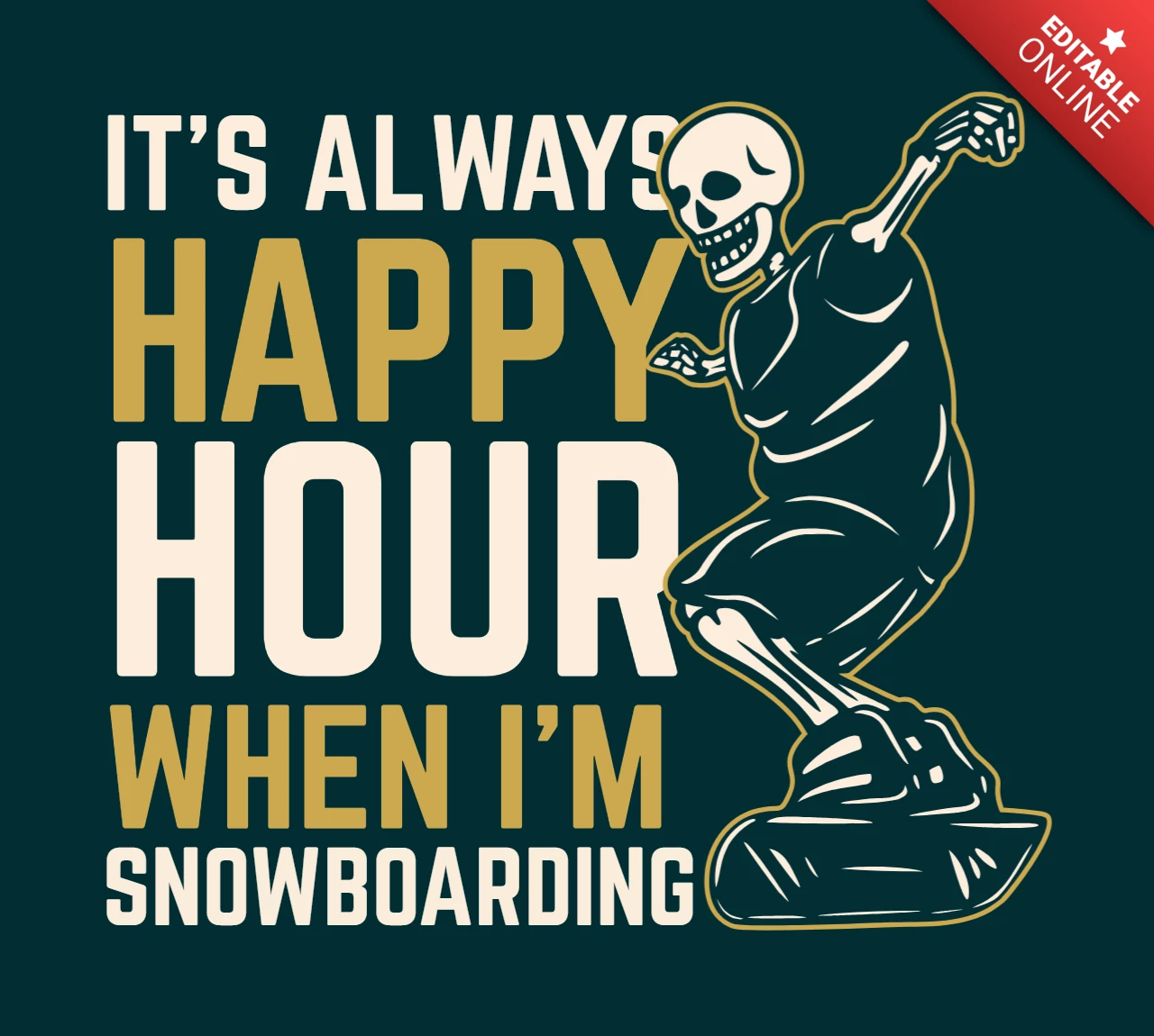 Modelo de design de camiseta vintage de esqueleto feliz jogando snowboard