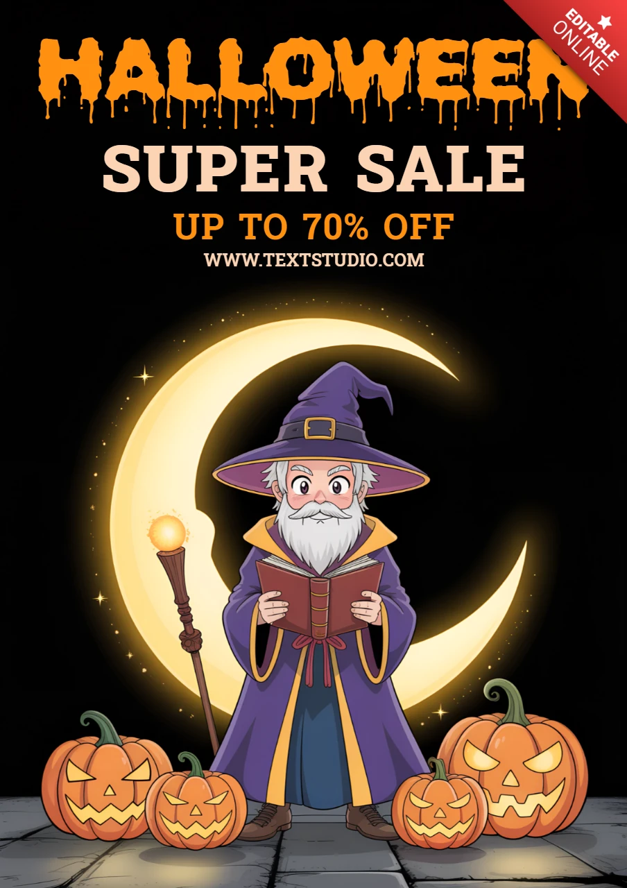 Modèle de design de vente de sorcier de manga Halloween pour des flyers promotionnels