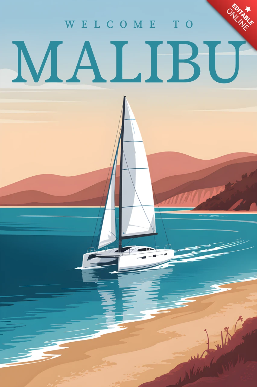 Malibu Sailing Design Template for Retro Flat Travel Posters