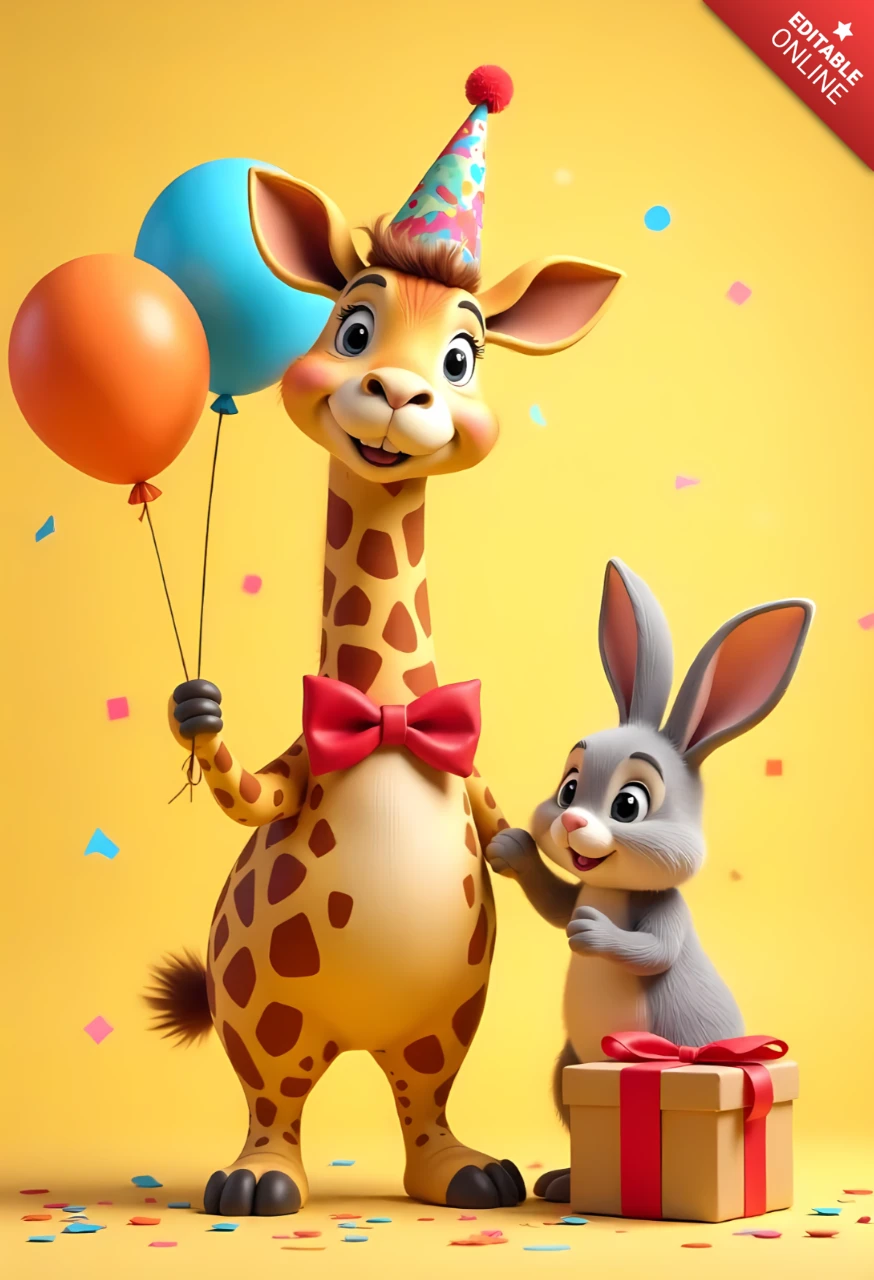 Kids Birthday Party Invitation Template with Cute Giraffe and Bunny