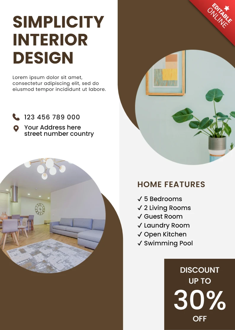 Modern Interior Design Template for Real Estate Flyers Featuring Elegant Home Features