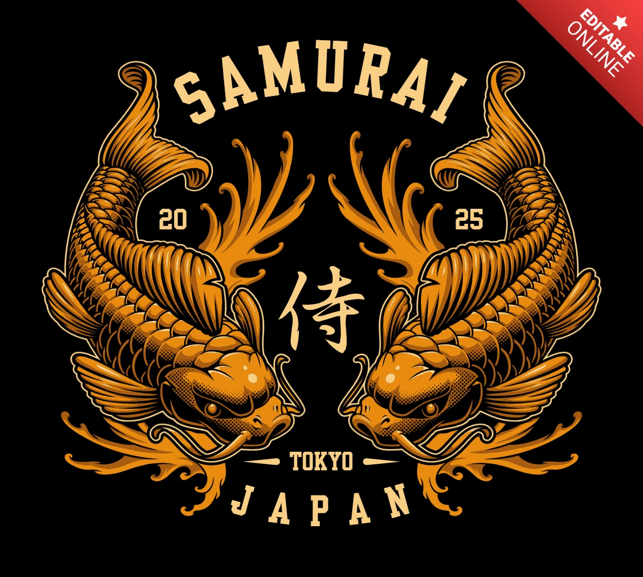 Koi Carp Fish Japanese Samurai T-shirt Design Template