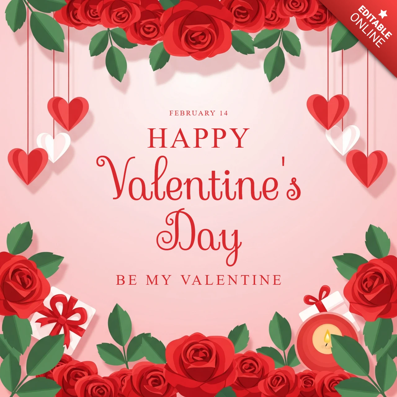Affiche de cadeau pour la Saint-Valentin 2026 avec un design de cœur floral, des boîtes avec des rubans et une lueur de bougie.