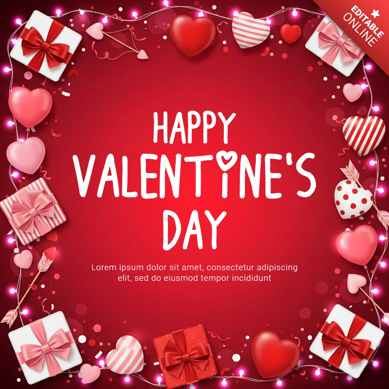 Valentine’s Day Background with Wrapped Gift Boxes, Heart Balloons, and Glowing Red Gradient for Romantic Greetings