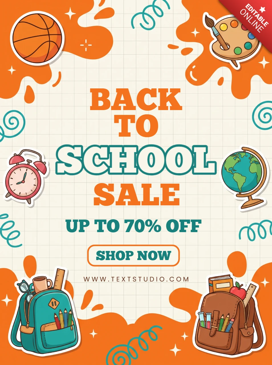 Back to school sale poster design with colorful stationery and backpack icons