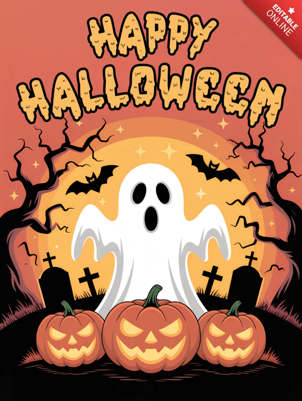 Gruseliges Gespenst Halloween-Design-Template für T-Shirts mit Kürbissen und Fledermäusen