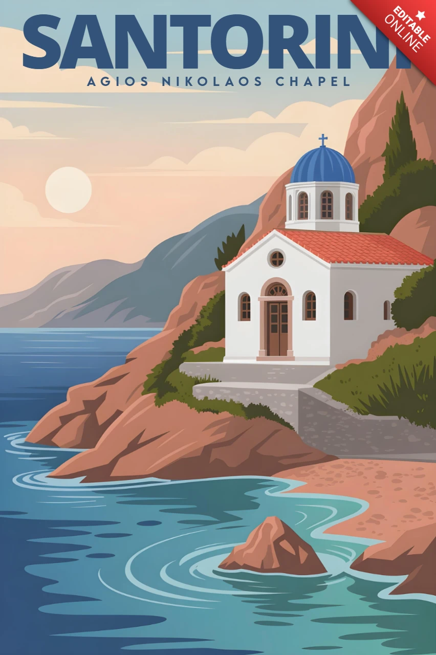 Agios Nikolaos Kapelle mit Klippenblick und Sonnenuntergangshimmel Santorini Reiseposter-Designvorlage
