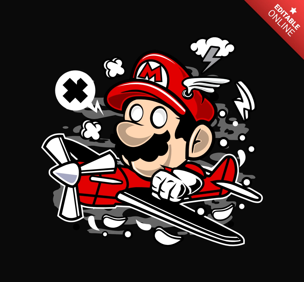 Mario Pilot Cartoon Character T-Shirt Design Template