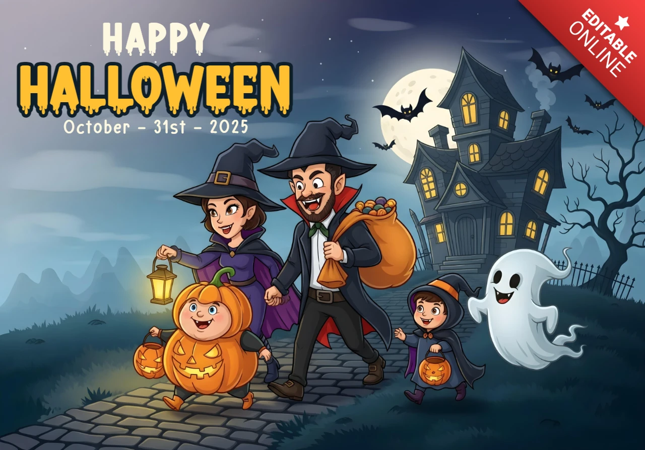 Halloween Night Haunted House Path with Wizard Parents & Trick-or-Treat Kids Design Template for Festive Flyers