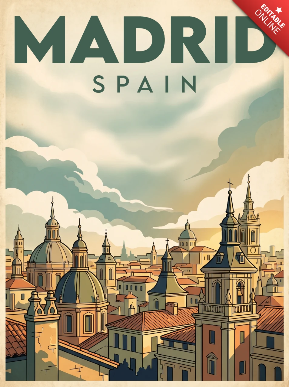 Vintage Retro Spain Travel Wall Art Print Madrid Skyline Poster Scenic Cityscape Sunset Clouds Ornate Domes Spires Adventure Landscape