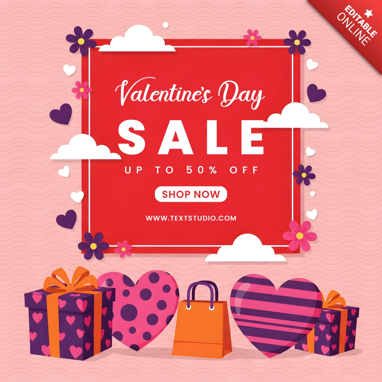 Valentinstag Verkaufsvorlage farbenfrohes Herz und Geschenkdesign für Werbeflyer
