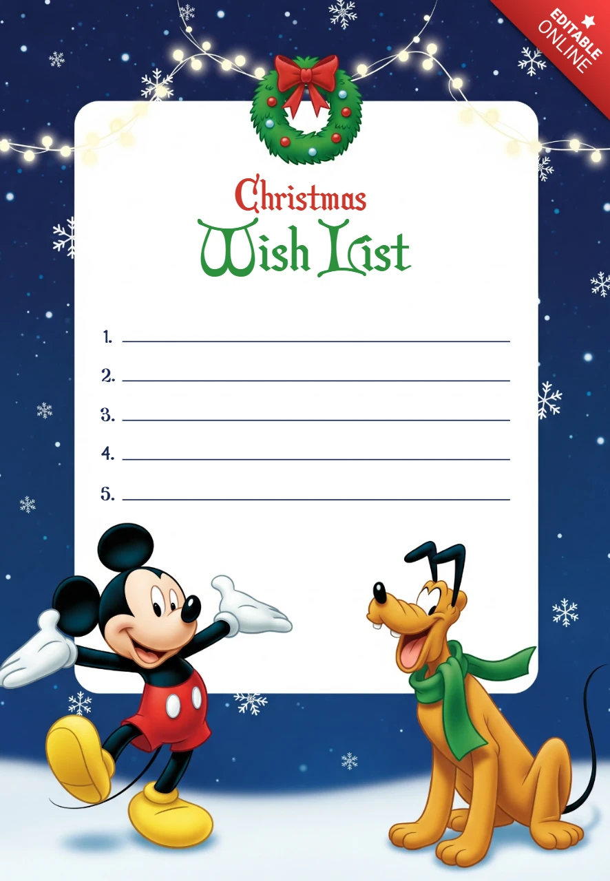 Plantilla de lista de deseos navideños, papelería navideña con Mickey y Pluto bajo luces de cadena y un cielo nevado.