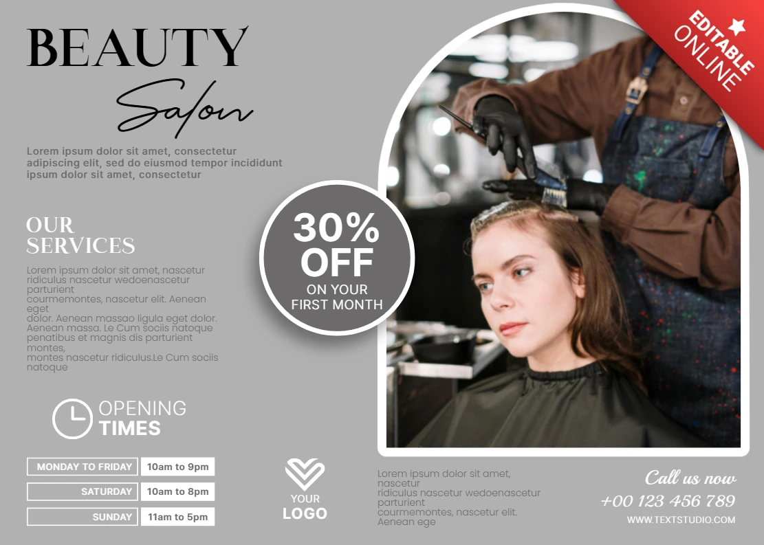 Modèle promotionnel de salon de beauté design élégant pour flyer avec graphique de coiffeur