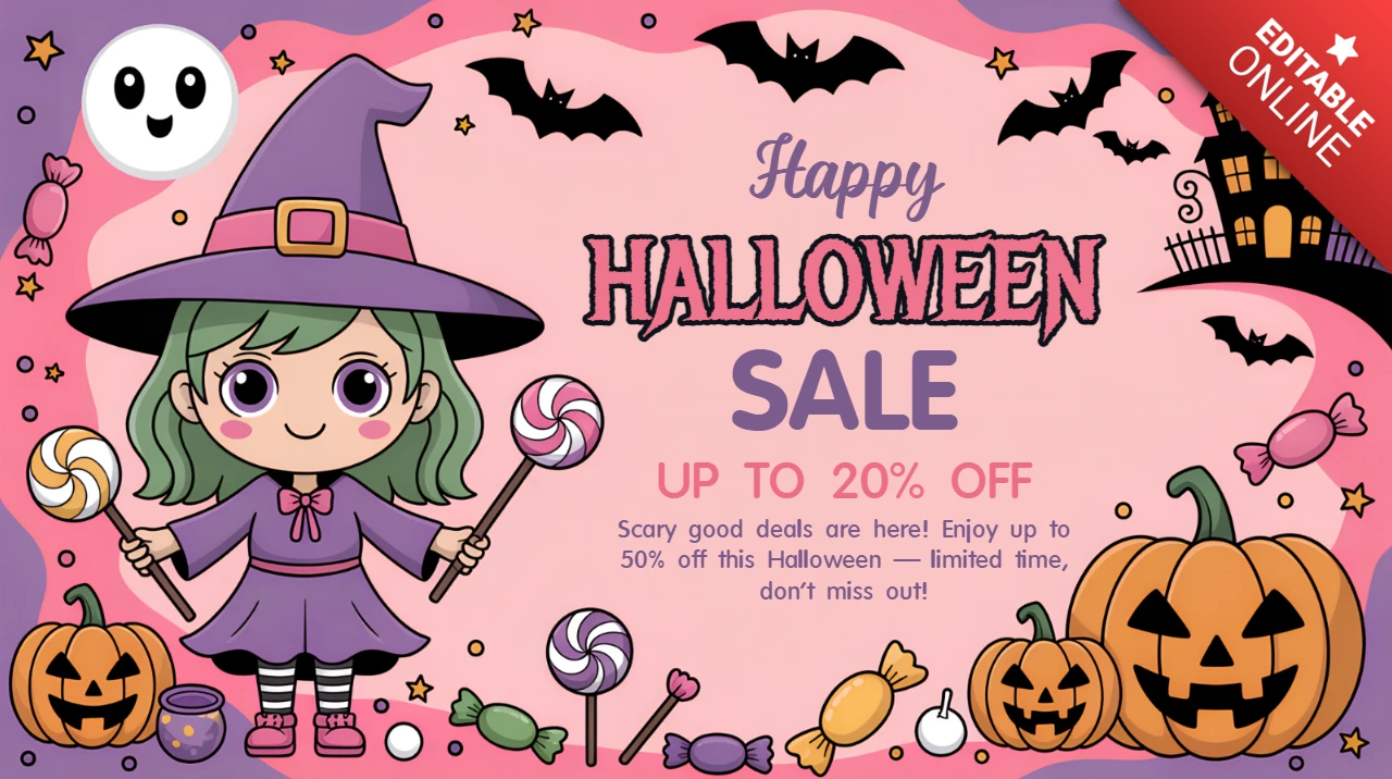 Verspielt Halloween-Verkaufsvorlage mit Kawaii-Zauberer-Design für Werbeflyer