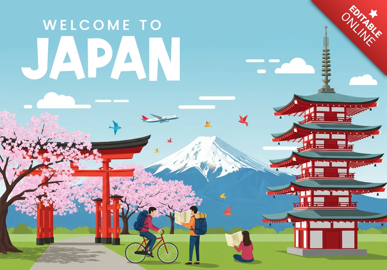 Explore o Japão: pôster com pagode, portão torii, flores de cerejeira e monte Fuji em uma paisagem primaveril cênica.