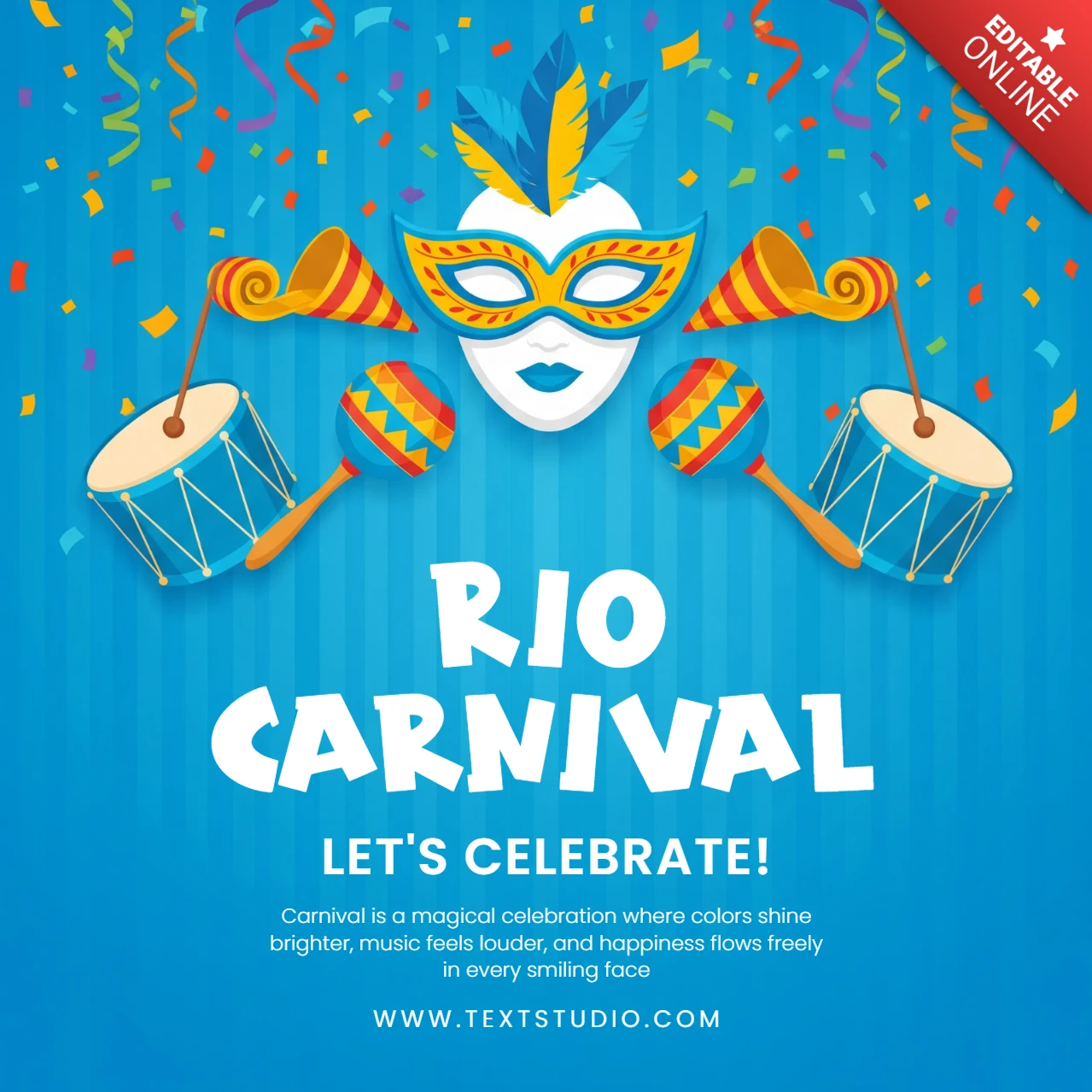 Rio Carnival Poster Blue Gradient Background with Colorful Mask, Feathers, Drums, Streamers & Confetti