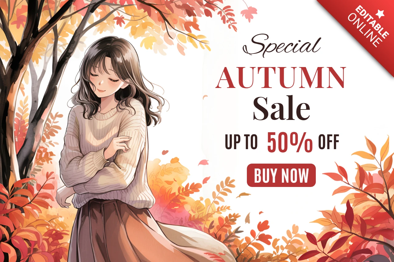 秋のセールプロモーションテンプレート、イラストの女性と秋の葉のデザイン付き