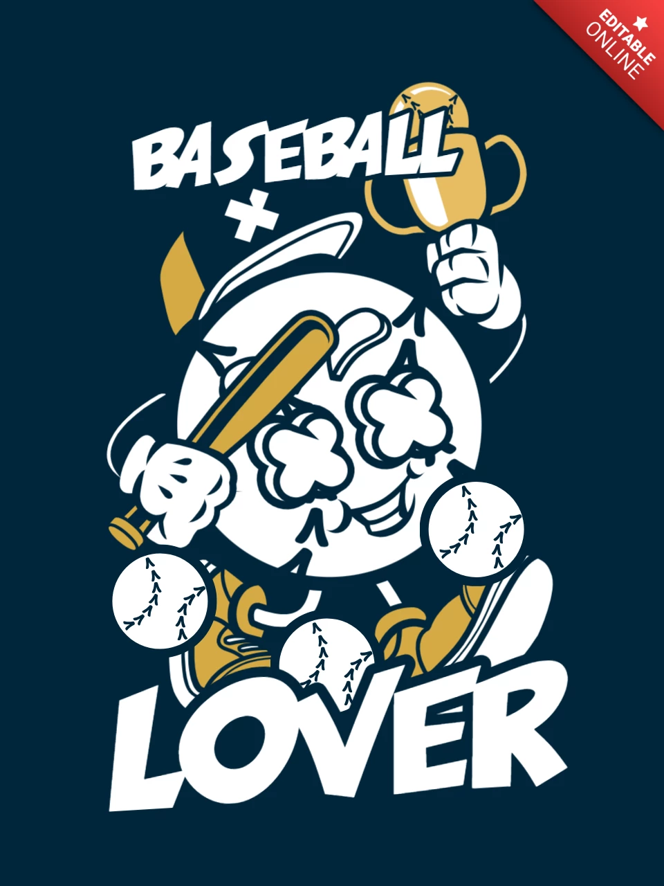 Baseball-Liebhaber mit Cartoon-Charakter-T-Shirt-Design-Vorlage