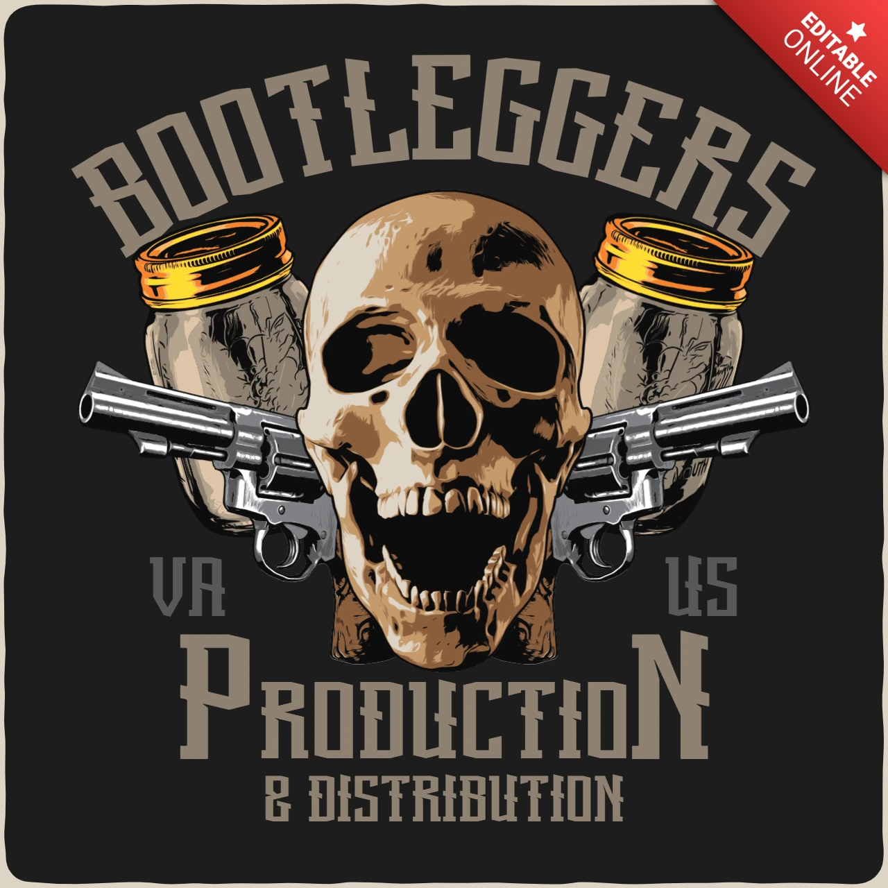 Skull with Pistols and Jars Moonshine Prohibition T-Shirt Design Template