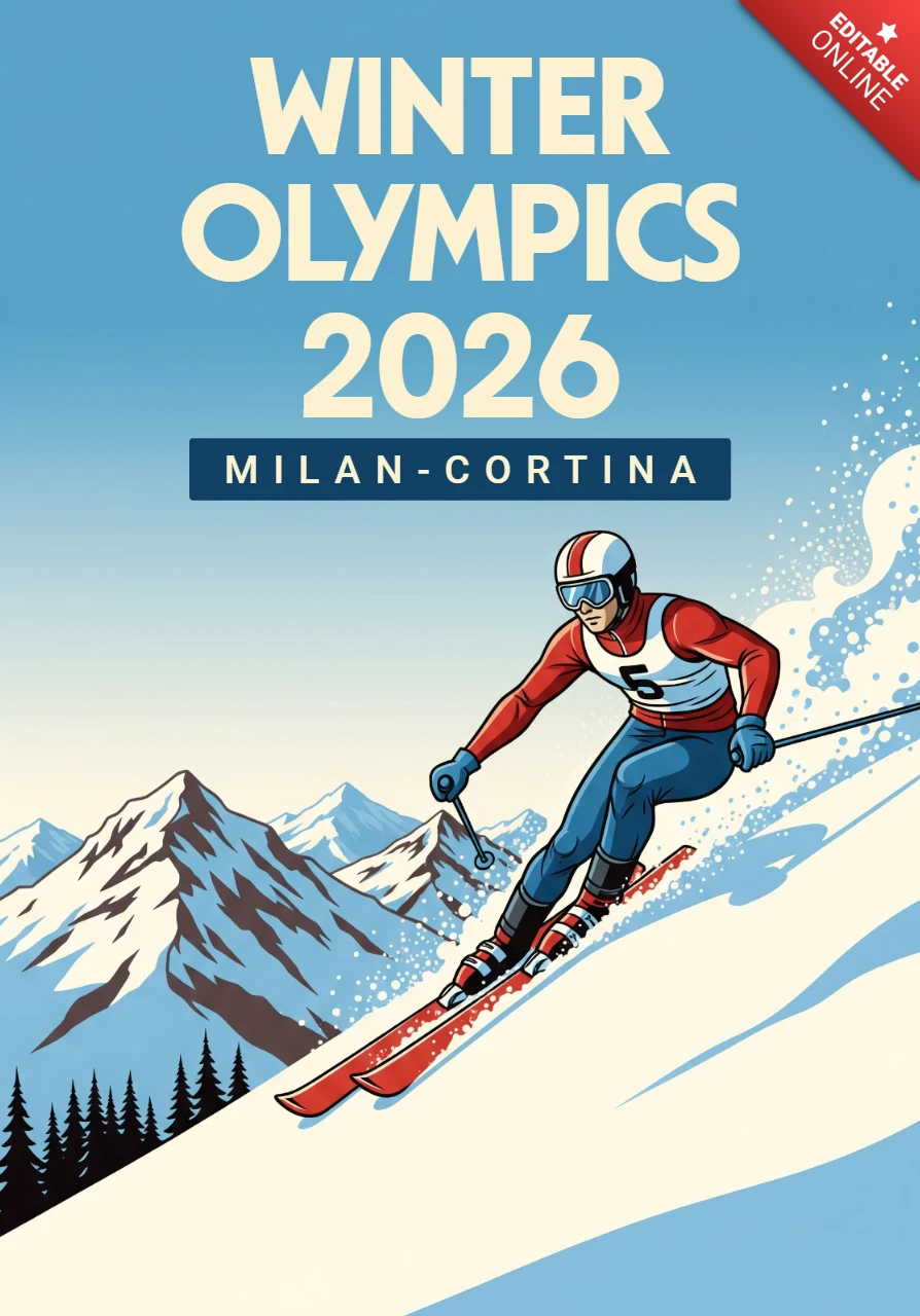 Scenic Winter Olympics Poster Speeding Skier, Snow Spray, and Alpine Backdrop from Milan-Cortina Games