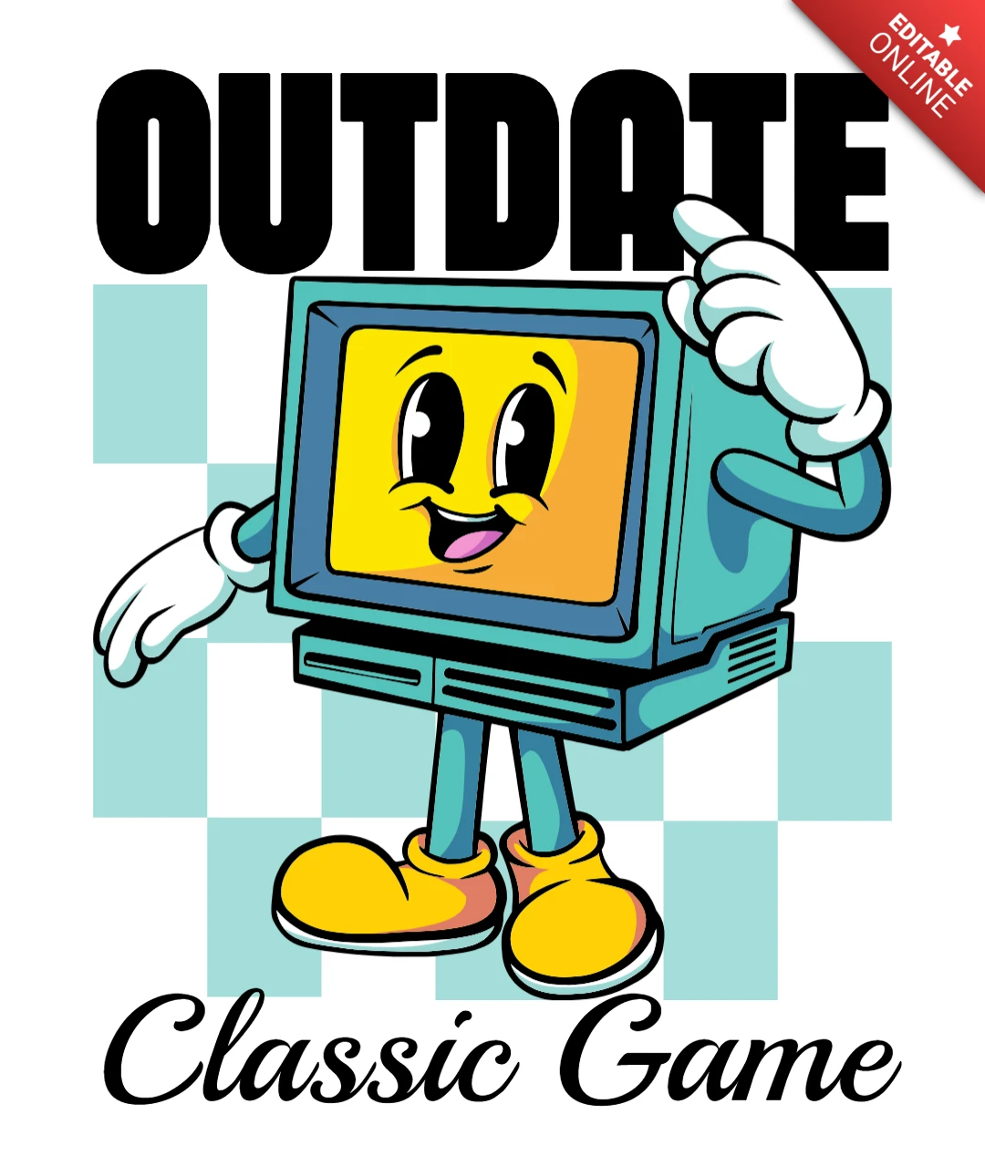 Arte de juego clásico icónico pero anticuado que presenta un diseño de camiseta con personaje de computadora retro.