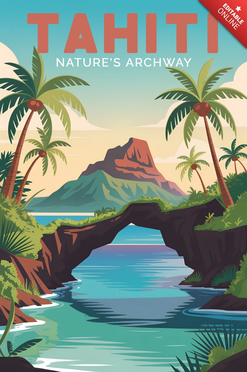 Tahiti natuur boog vintage reisposter sjabloon ontwerp