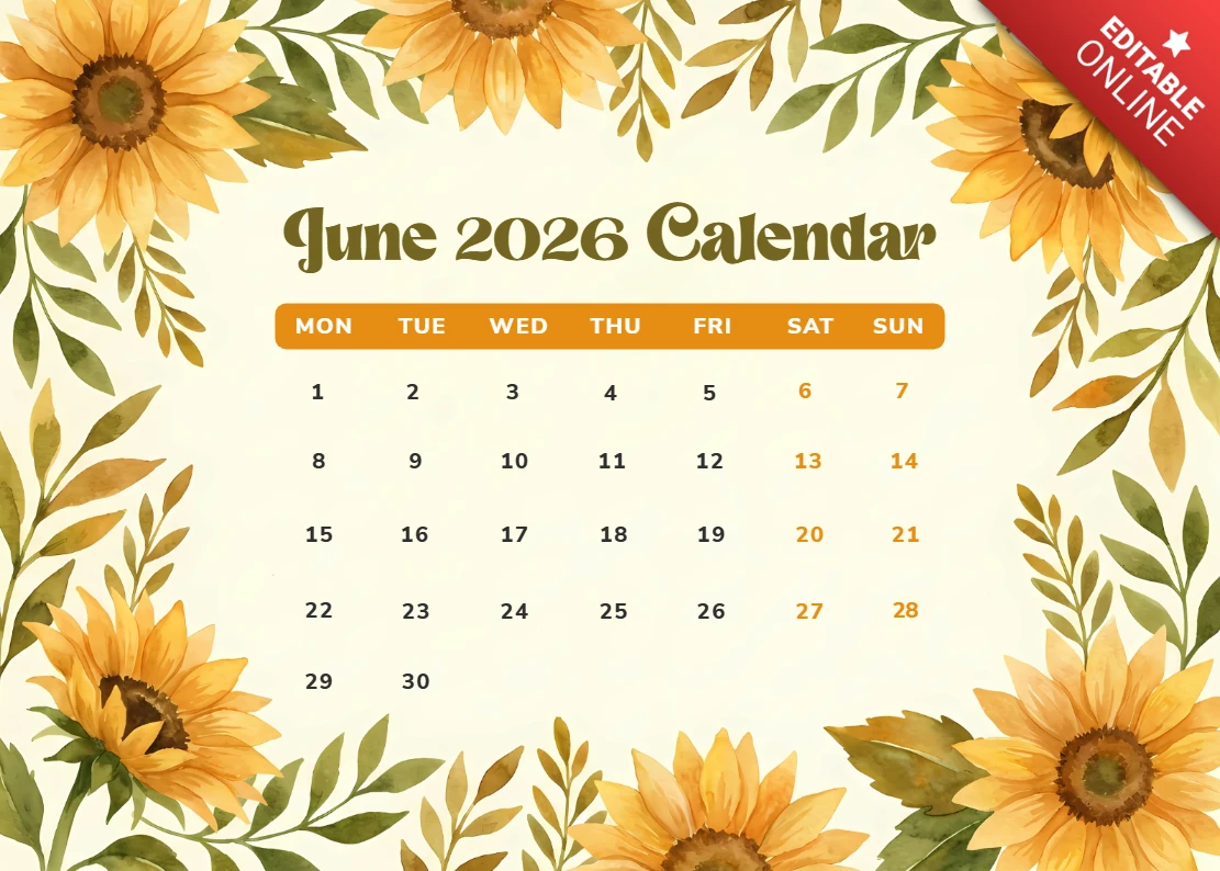 June 2026 Monthly Calendar with Sunflower Border and Botanical Garden Illustrations