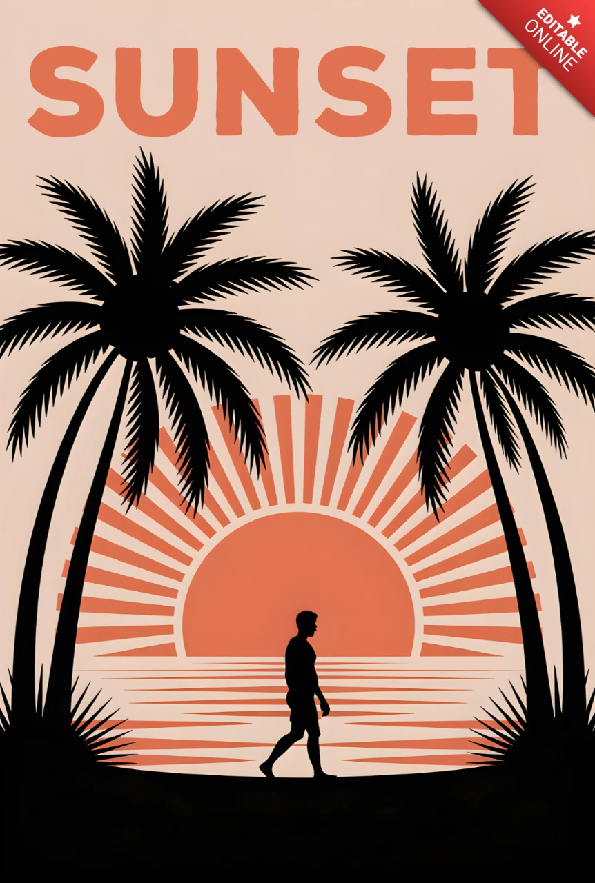 Sunset Palm Tree Silhouette Design Template for Tropical Poster