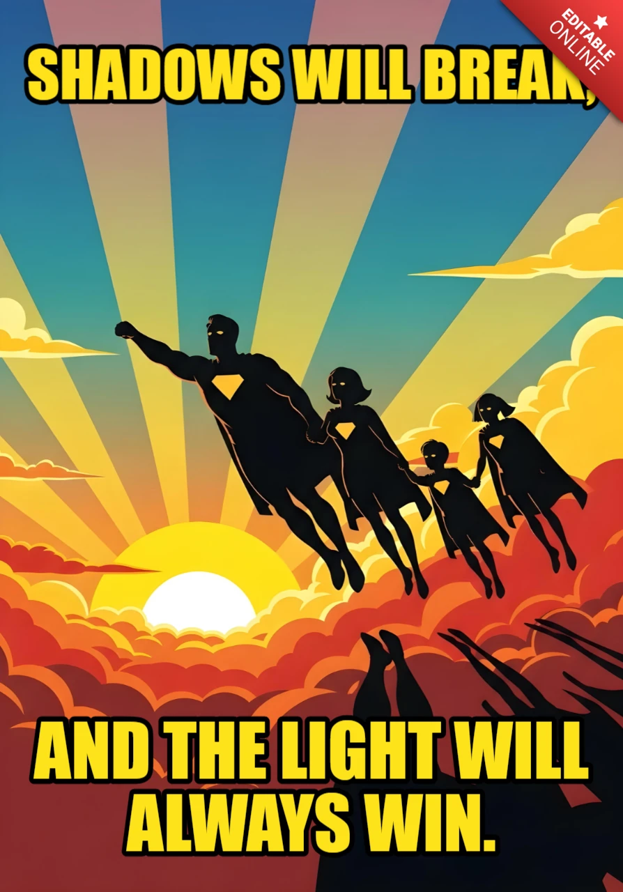 Superhero Family Flying Sunset Sky with Hopeful Quote & Radiant Light Poster Design Template