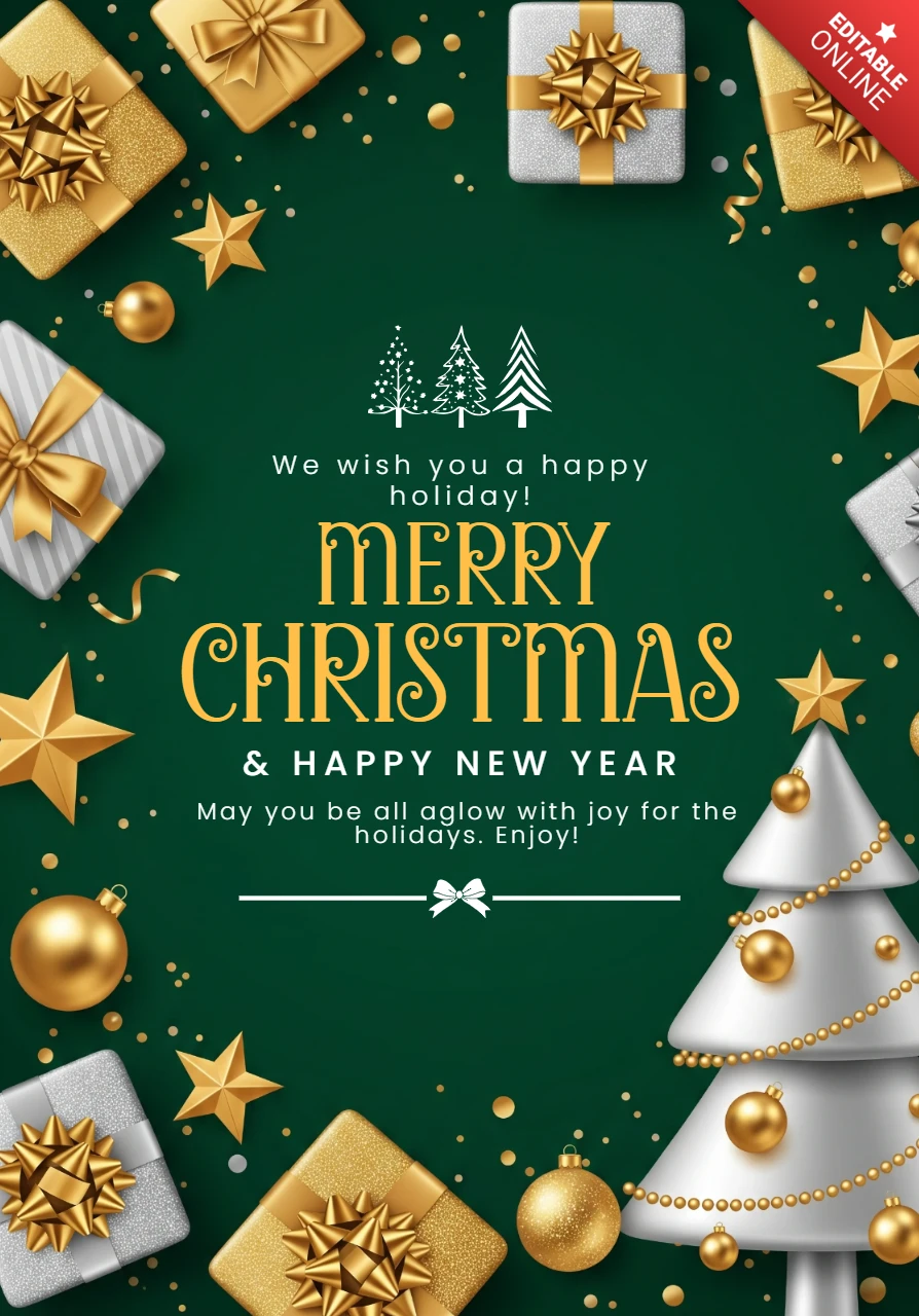 Christmas Card Design with Silver & Gold Presents, Sparkling Lights, and Decorative Tree