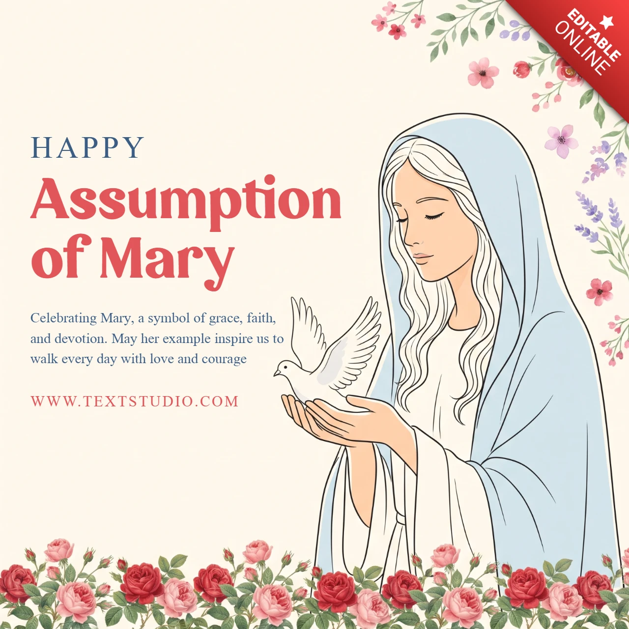Assumption of Mary Sacred Poster Virgin Halo Radiant Glow Blue Cloak White Robe Dove Floral Spiritual Illustration