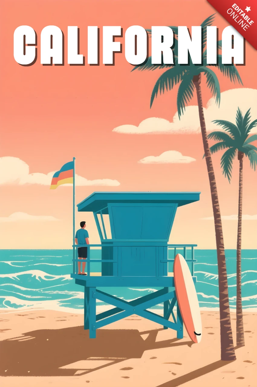 California Beach Design Template with Lifeguard Tower and Surfboard for Posters