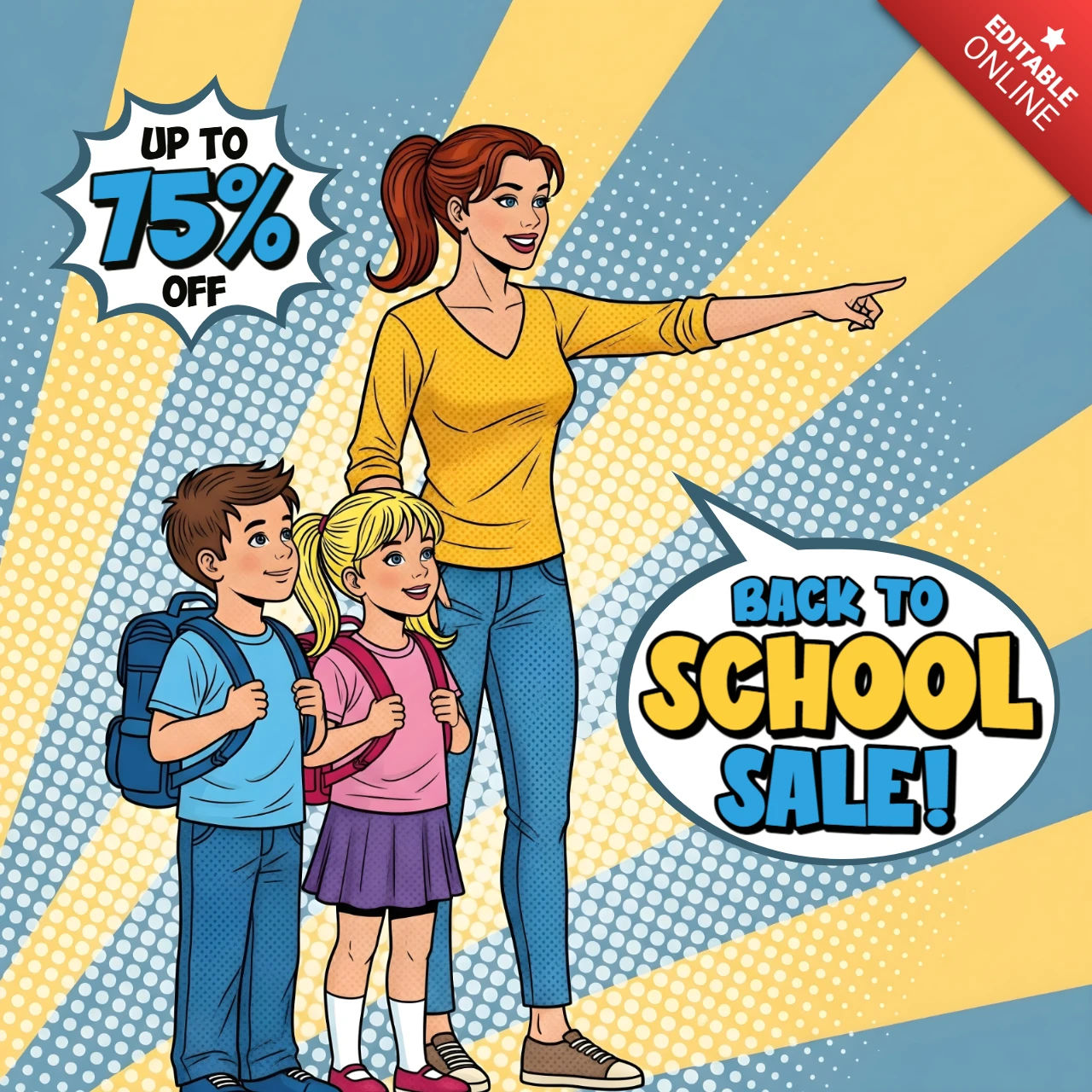 Comic Back To School Sale Parent & Kids Scene with Backpacks & Limited-Time Promo Banner Design Template for Promotional Flyers